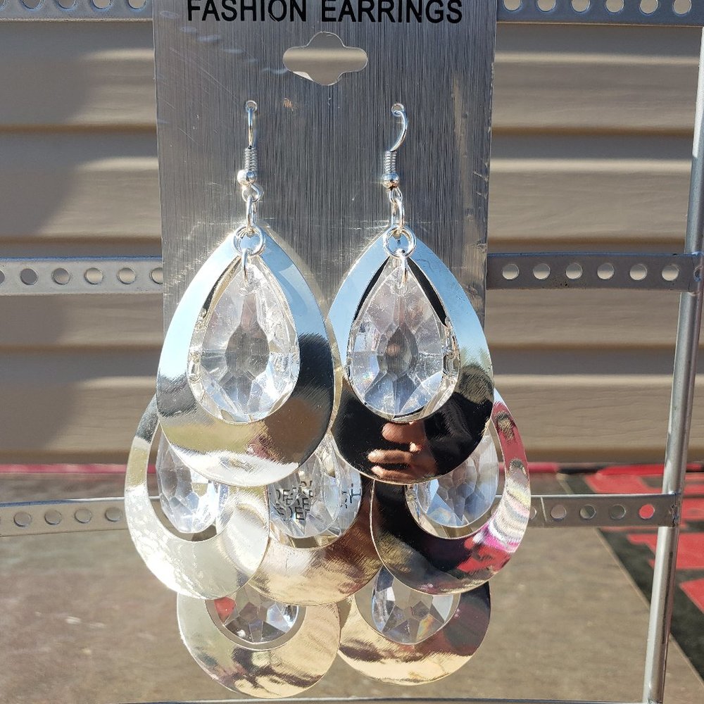 4.5" Diamond/Silver Large Tear Drop Earrings